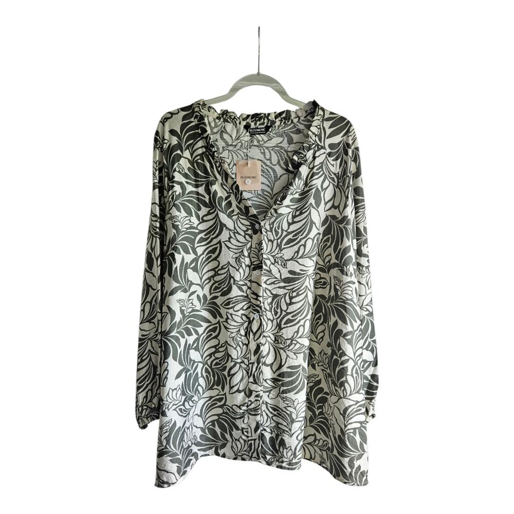 NWT bloom.Chic Womens Blouse Size 22/24 L/S Split Neck Olive Green/Ivory